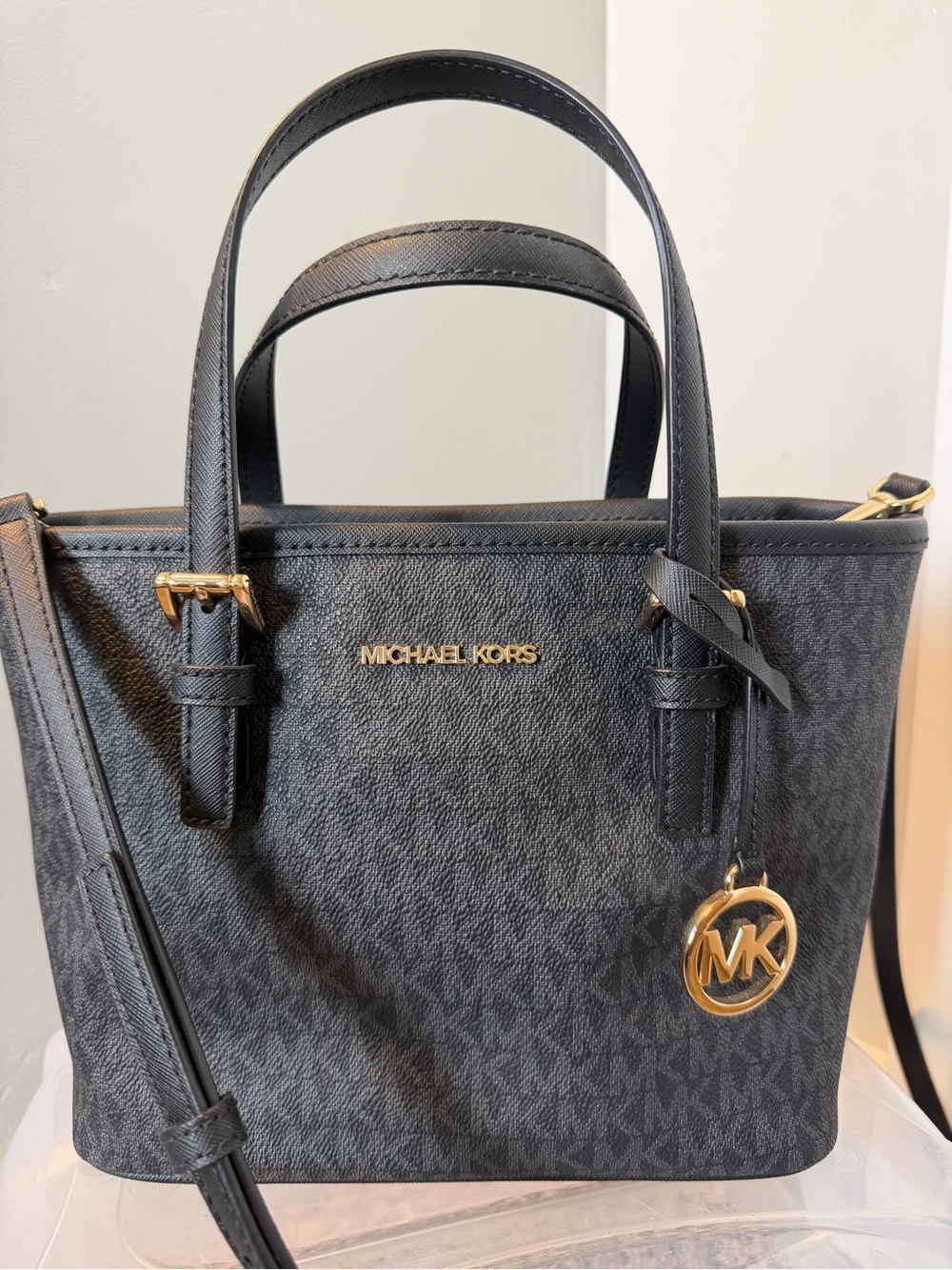 Michael Kors Black MK Monogram Tote with Gold Hardware